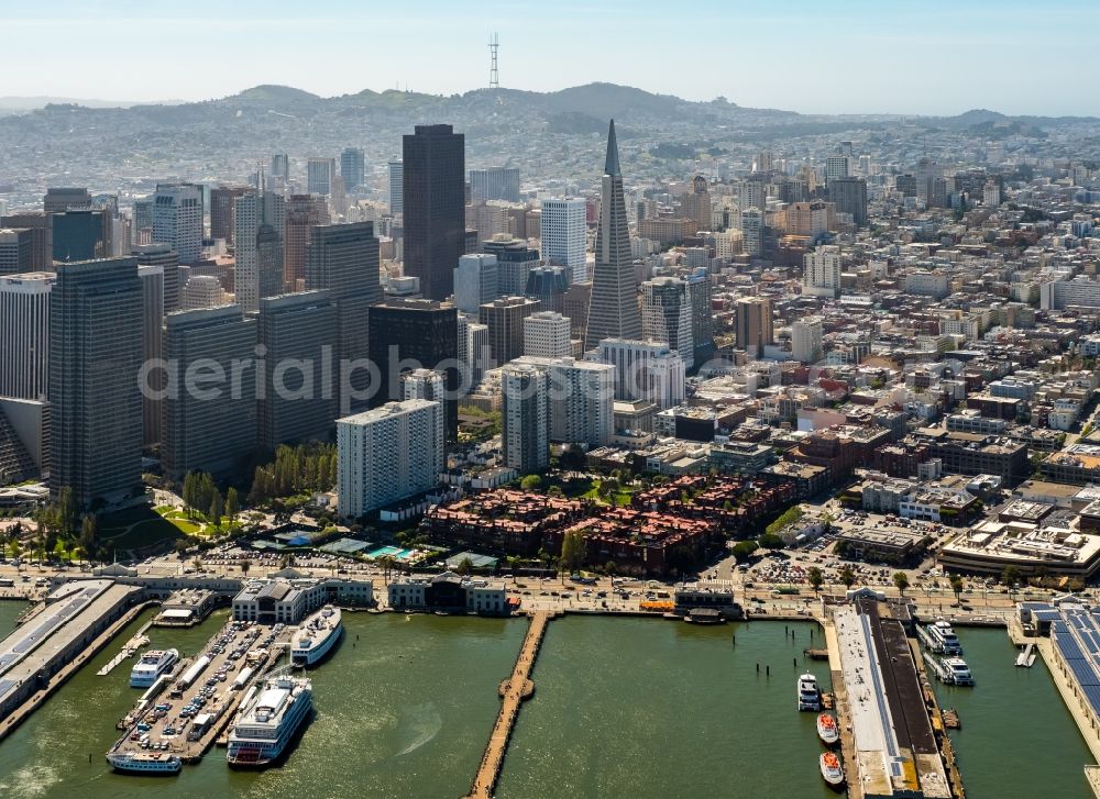 Aerial image San Francisco - Port facilities on the shores of the harbor of North Beach in San Francisco in California, USA