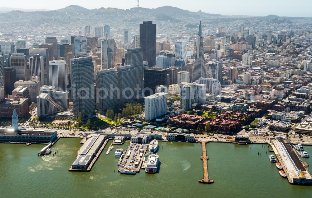 San Francisco from the bird's eye view: Port facilities on the shores of the harbor of North Beach in San Francisco in California, USA