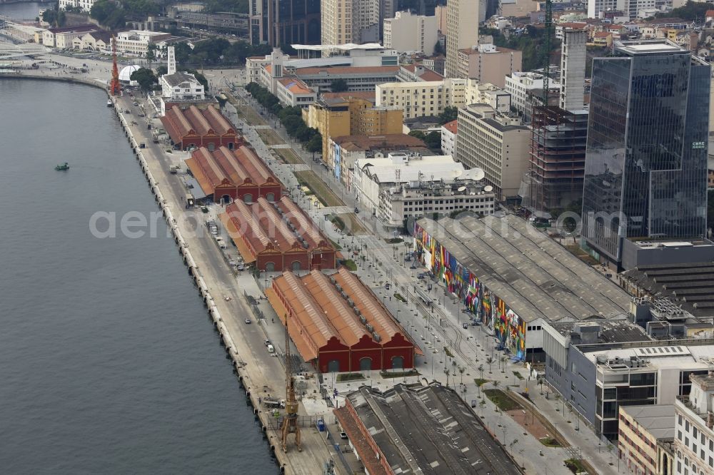 Rio de Janeiro from above - Port facilities on the shores of the harbor Porto Maravilha on Olympic Boulevard in front of the Summer Games of the Games of the XXXI. Olympics in Rio de Janeiro in Brazil