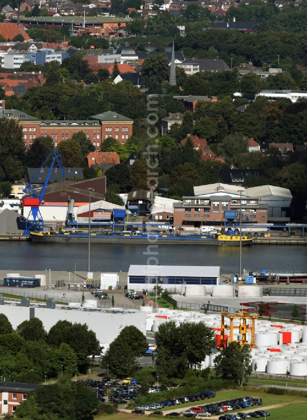 Aerial image Rendsburg - Port facilities on the shores of the harbor of the Rendsburg Port Authority GmbH in Rendsburg in the state Schleswig-Holstein