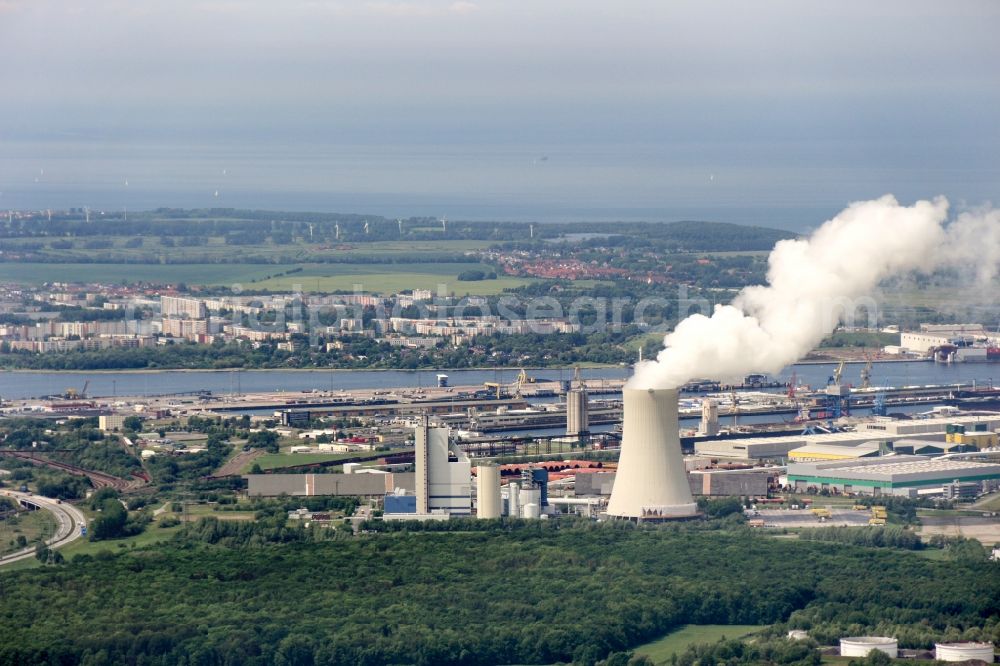 Rostock from above - Port facilities on the shores of the harbor in Rostock in the state Mecklenburg - Western Pomerania, Germany