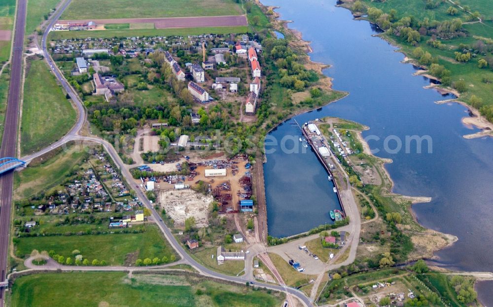 Schönebeck (Elbe) from above - Port facilities on the shores of the harbor of in Schoenebeck (Elbe) in the state Saxony-Anhalt, Germany