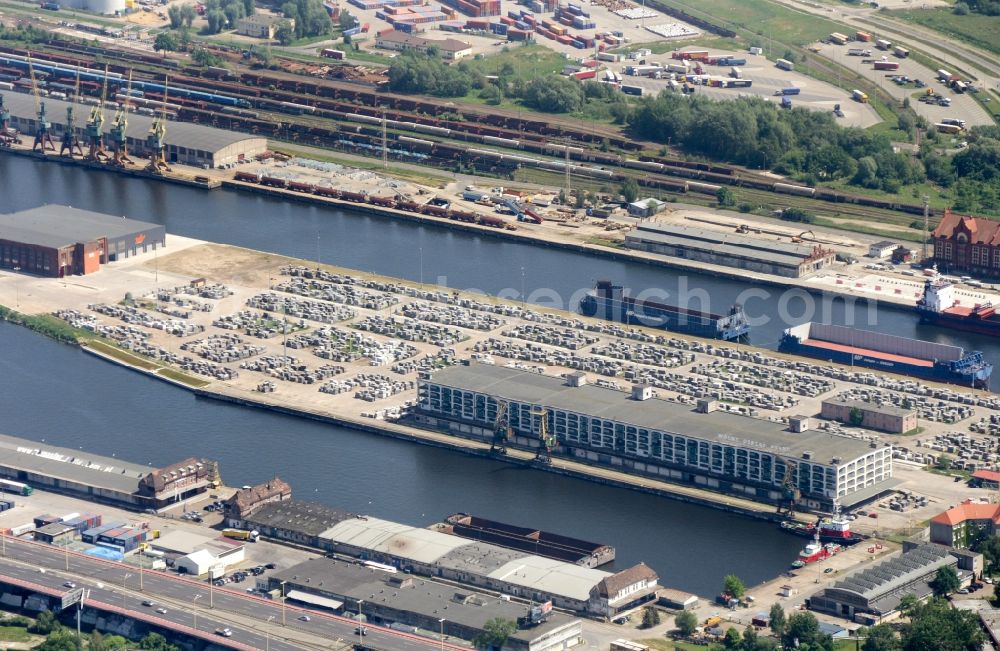 Szczecin from above - Port facilities on the shores of the harbor in Szczecin in West Pomeranian Voivodeship, Poland