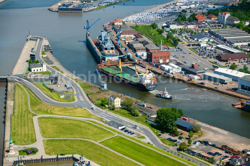 Bremerhaven from above - Port facilities on the shores of the harbor of of the Weser river in Bremerhaven in the state Bremen, Germany