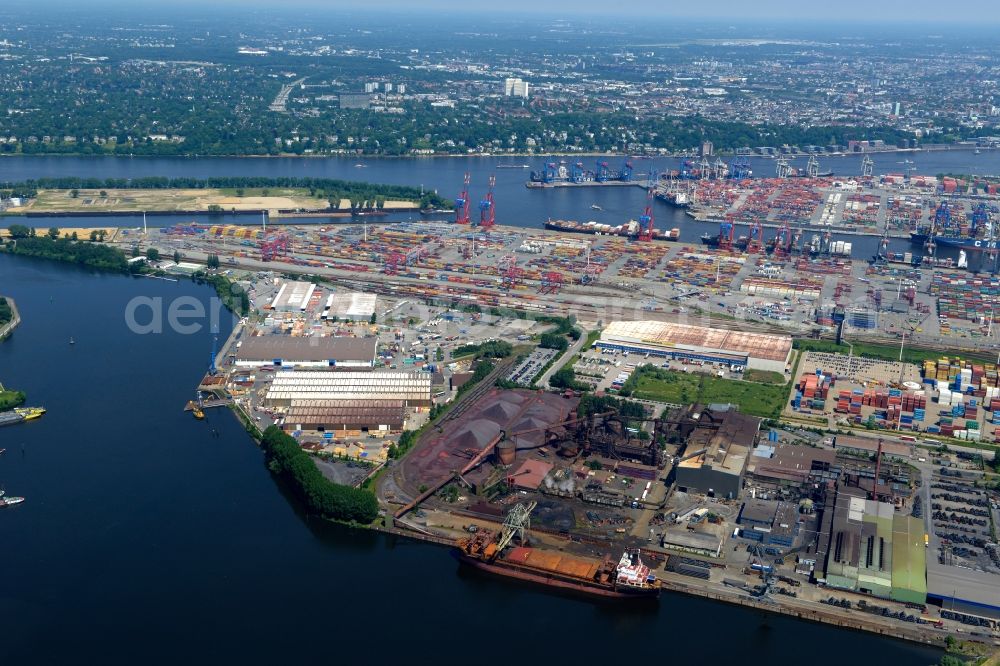 Aerial image Hamburg - Port Waltershof facilities on the banks of the river course of the Elbe - Norderelbe in Hamburg in Germany