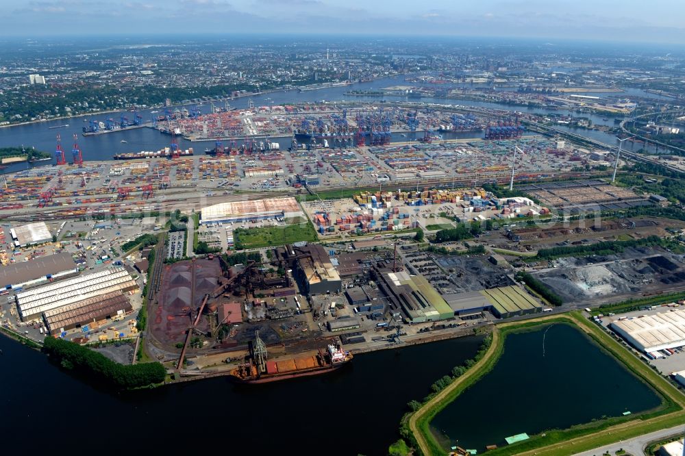 Hamburg from above - Port Waltershof facilities on the banks of the river course of the Elbe - Norderelbe in Hamburg in Germany