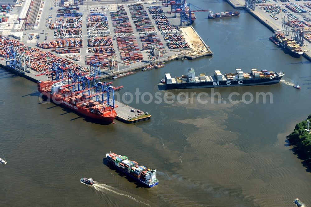 Hamburg from above - Port Waltershof facilities on the banks of the river course of the Elbe - Norderelbe in Hamburg in Germany