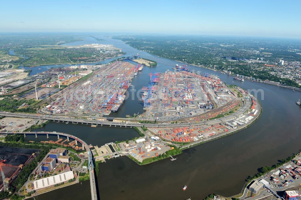 Hamburg from above - Port Waltershof facilities on the banks of the river course of the Elbe - Norderelbe in Hamburg in Germany