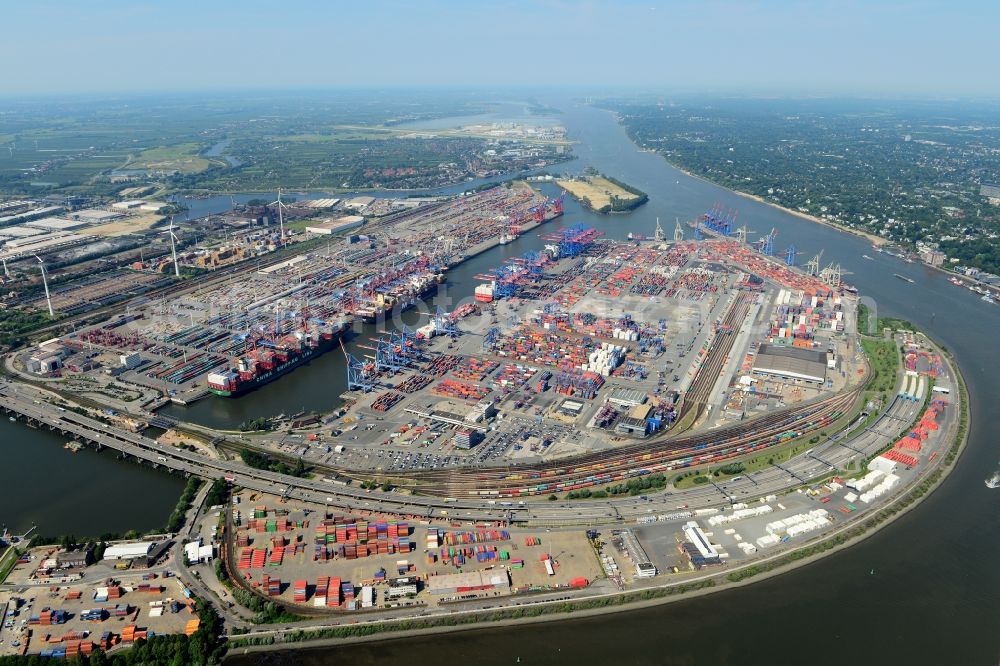 Aerial image Hamburg - Port Waltershof facilities on the banks of the river course of the Elbe - Norderelbe in Hamburg in Germany