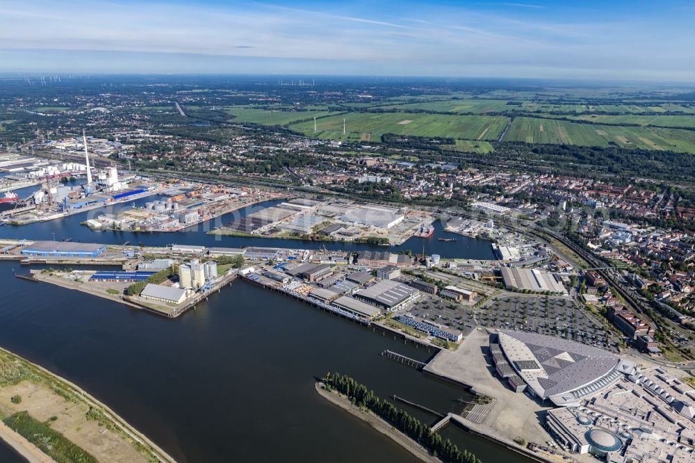 Bremen from above - Quays and boat moorings at the port of the inland port on shore of Weser in the district Groepelingen in Bremen, Germany