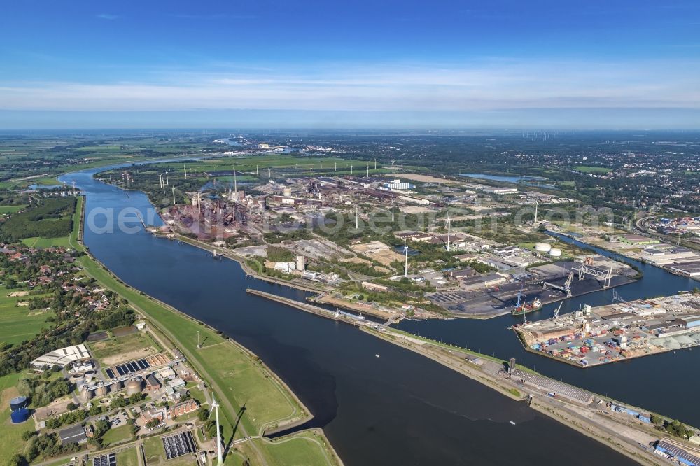 Bremen from above - Quays and boat moorings at the port of the inland port on shore of Weser in the district Groepelingen in Bremen, Germany