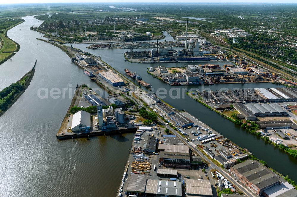 Bremen from above - Quays and boat moorings at the port of the inland port on shore of Weser in the district Groepelingen in Bremen, Germany