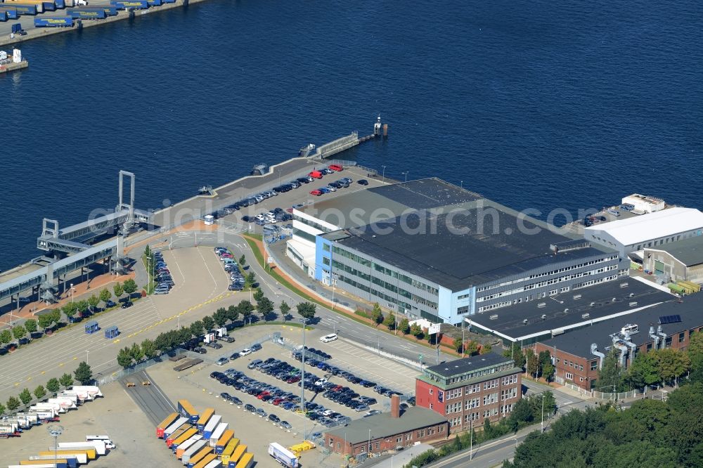 Kiel from above - Harbour and port area of the Norwegenkai in Kiel in the state of Schleswig-Holstein. The area includes the Norway- Terminal and wharf buildings of the shipping company Color Line