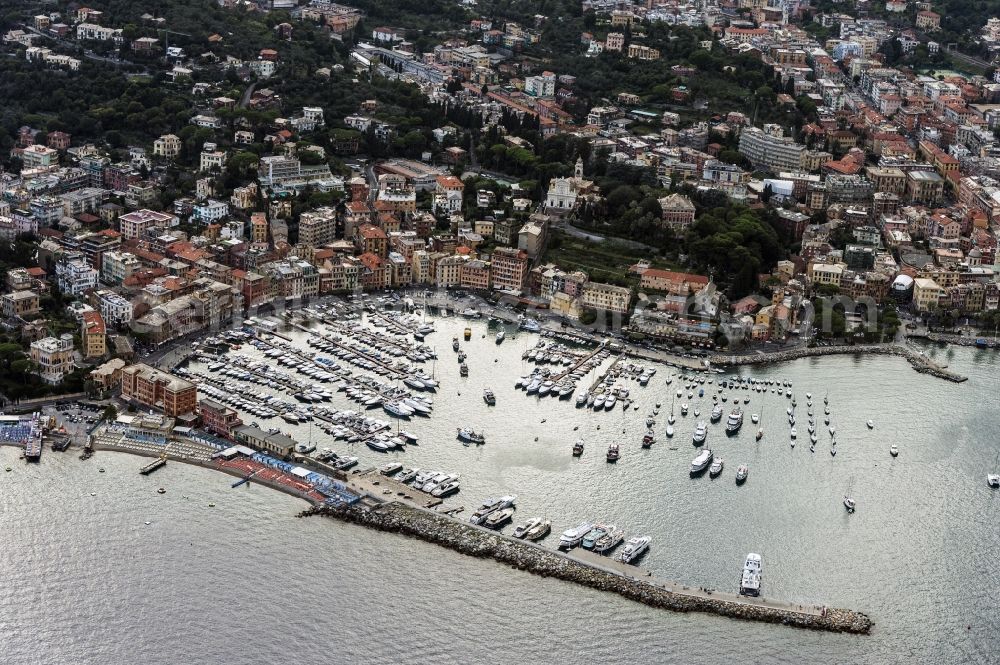 Aerial image Rapallo - Harbor and city of Rapallo on the Mediterranean coast in Liguria in Italy