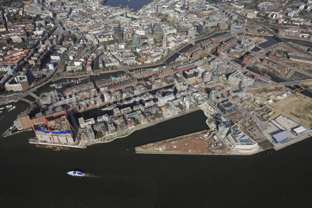 Aerial image Hamburg - Luftbild von der Hafencity Hamburg. Links ist die Baustelle der Elbphilharmonie Hamburg zu sehen. Aerial view of Hamburg Hafencity. On the left side the construction site of Elbphilharmonie Hamburg.