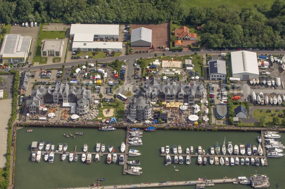 Bergkamen from above - View of the yacht harbor at Marina Rünthe at the Datteln-Hamm canal in Bergkamen in North Rhine-Westphalia. It was built in 1939 as the port of the coal mine Werne. Then in 1995, was the conversion as a yacht harbor