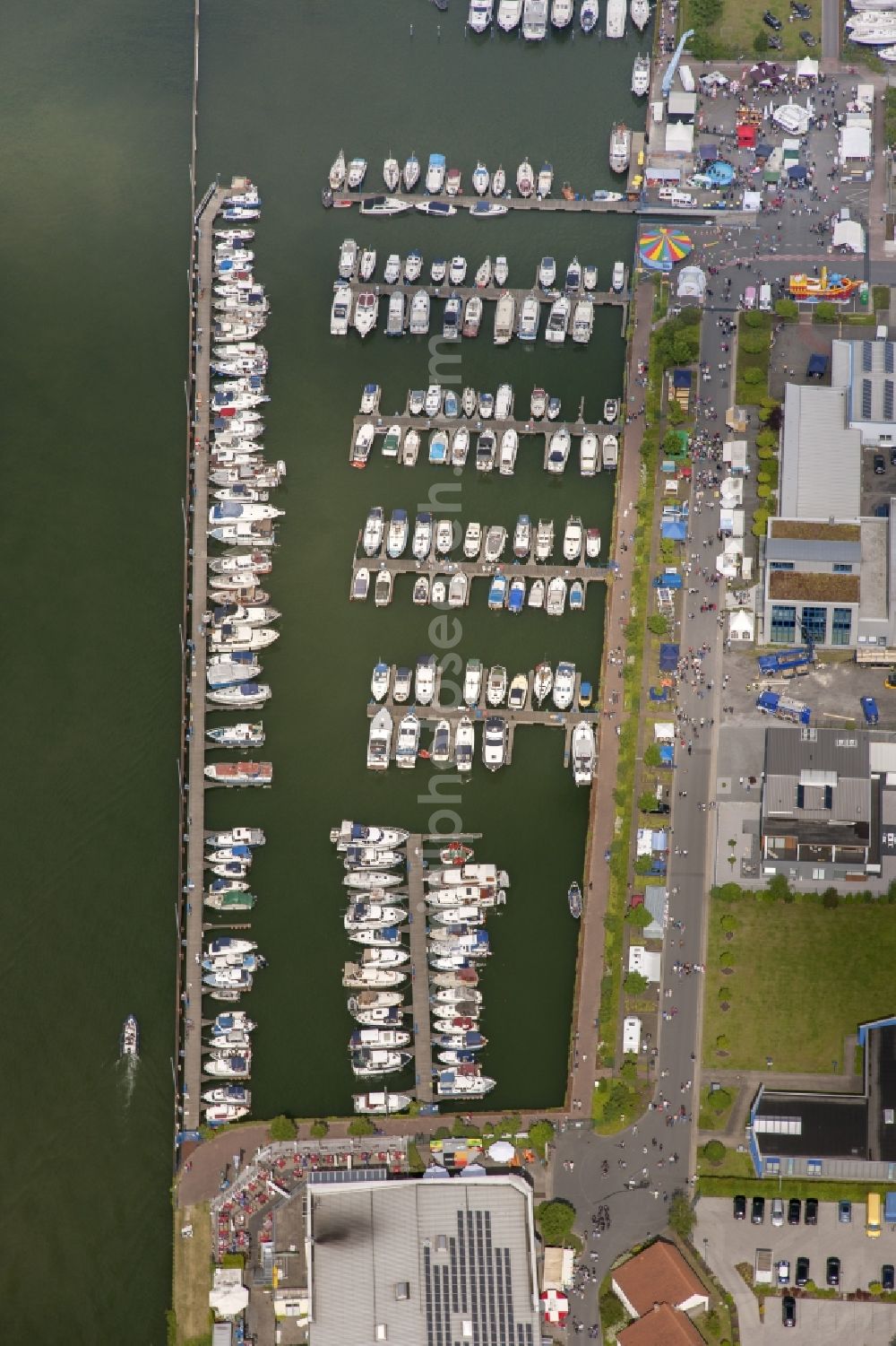 Bergkamen from above - View of the yacht harbor at Marina Rünthe at the Datteln-Hamm canal in Bergkamen in North Rhine-Westphalia. It was built in 1939 as the port of the coal mine Werne. Then in 1995, was the conversion as a yacht harbor