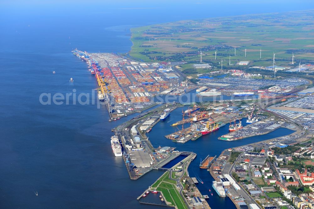 Bremerhaven from above - Port area with port facilities and storage space at the mouth of the river Weser joining the North Sea in Bremerhaven in the state Bremen