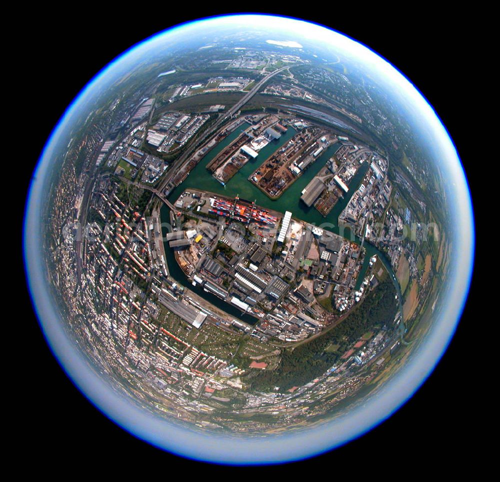 Dortmund from the bird's eye view: Blick auf das Hafengebiet von Dortmund durch ein Fischaugenobjektiv. Dortmund dock area.