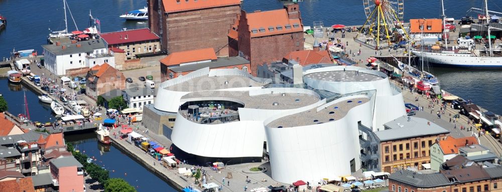 Stralsund from above - Harbor island by Ozeaneum Oceanographic Museum in Stralsund in Mecklenburg - Western Pomerania