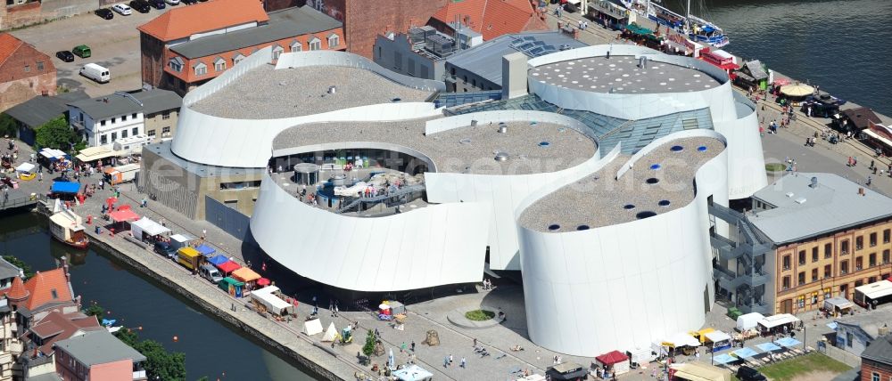 Stralsund from above - Harbor island by Ozeaneum Oceanographic Museum in Stralsund in Mecklenburg - Western Pomerania