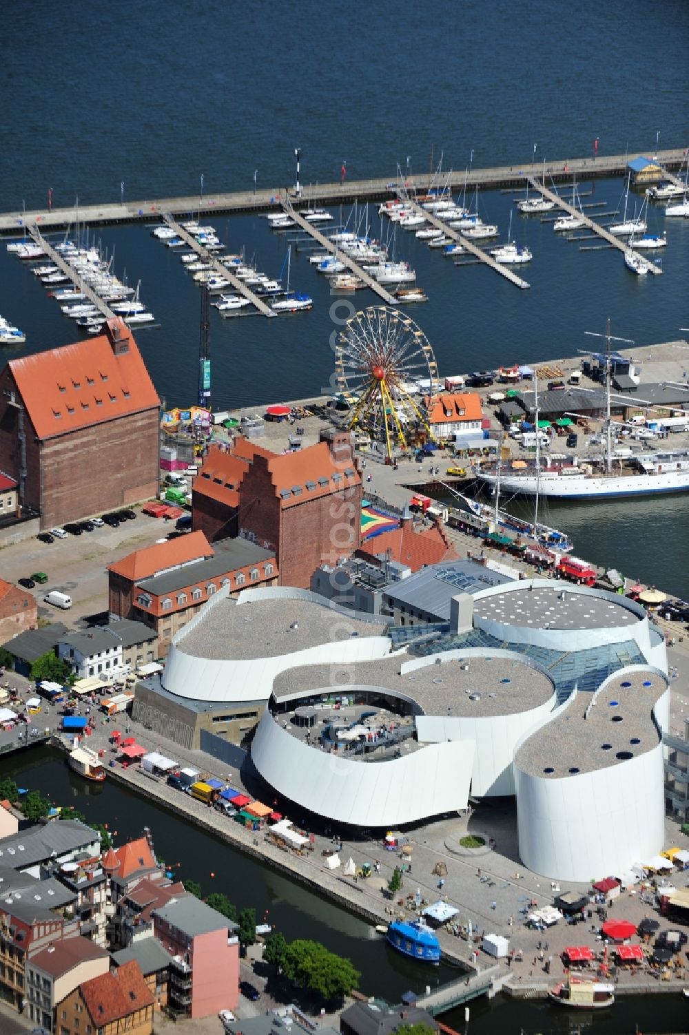 Stralsund from above - Harbor island by Ozeaneum Oceanographic Museum in Stralsund in Mecklenburg - Western Pomerania