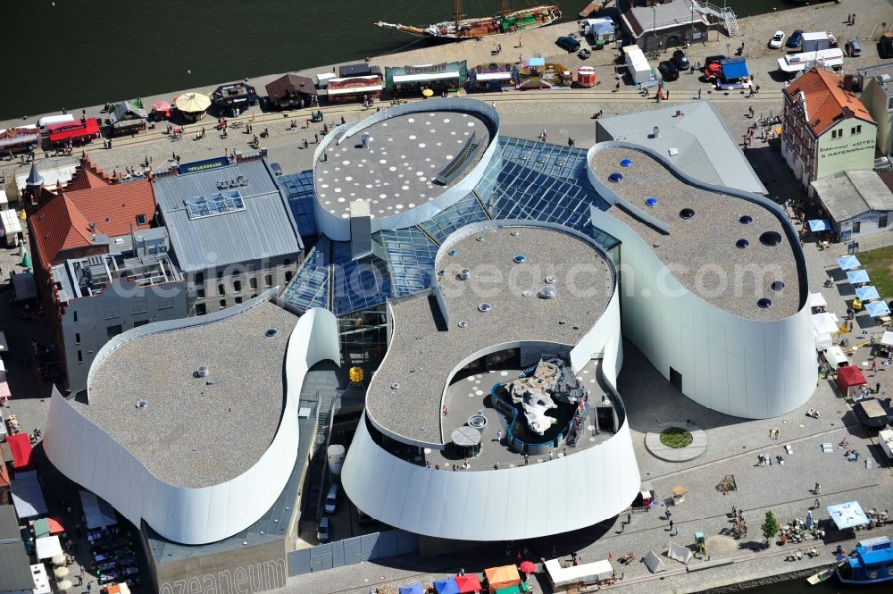 Stralsund from above - Harbor island by Ozeaneum Oceanographic Museum in Stralsund in Mecklenburg - Western Pomerania