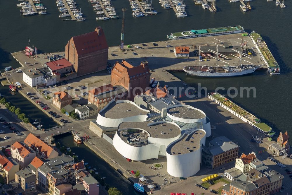 Stralsund from above - Harbor island by Ozeaneum Oceanographic Museum in Stralsund in Mecklenburg - Western Pomerania