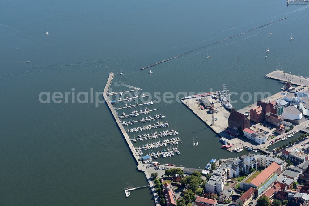 Stralsund from above - Harbor island by Ozeaneum Oceanographic Museum in Stralsund in Mecklenburg - Western Pomerania