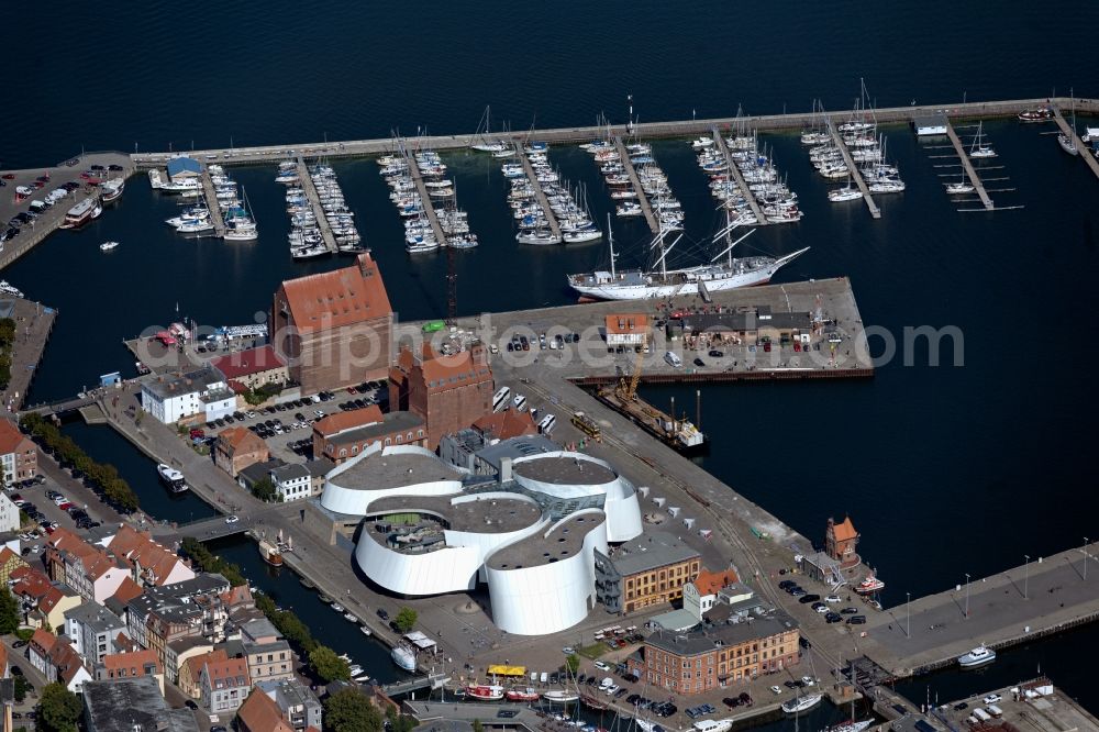 Stralsund from above - Harbor island by Ozeaneum Oceanographic Museum in Stralsund in Mecklenburg - Western Pomerania