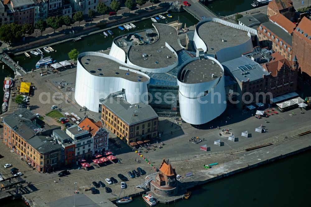 Stralsund from above - Harbor island by Ozeaneum Oceanographic Museum in Stralsund in Mecklenburg - Western Pomerania