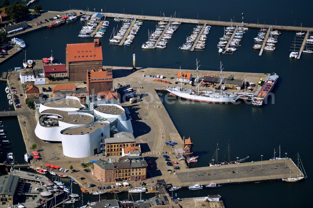 Stralsund from above - harbor island by Ozeaneum Oceanographic Museum in Stralsund in Mecklenburg - Western Pomerania