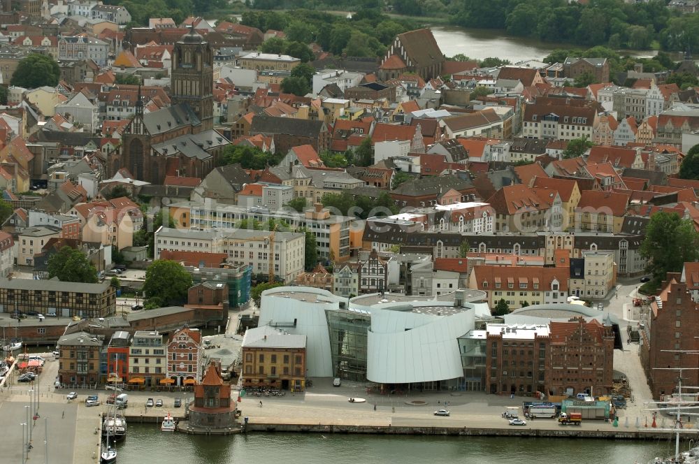 Stralsund from above - Harbor island by Ozeaneum Oceanographic Museum in Stralsund in Mecklenburg - Western Pomerania