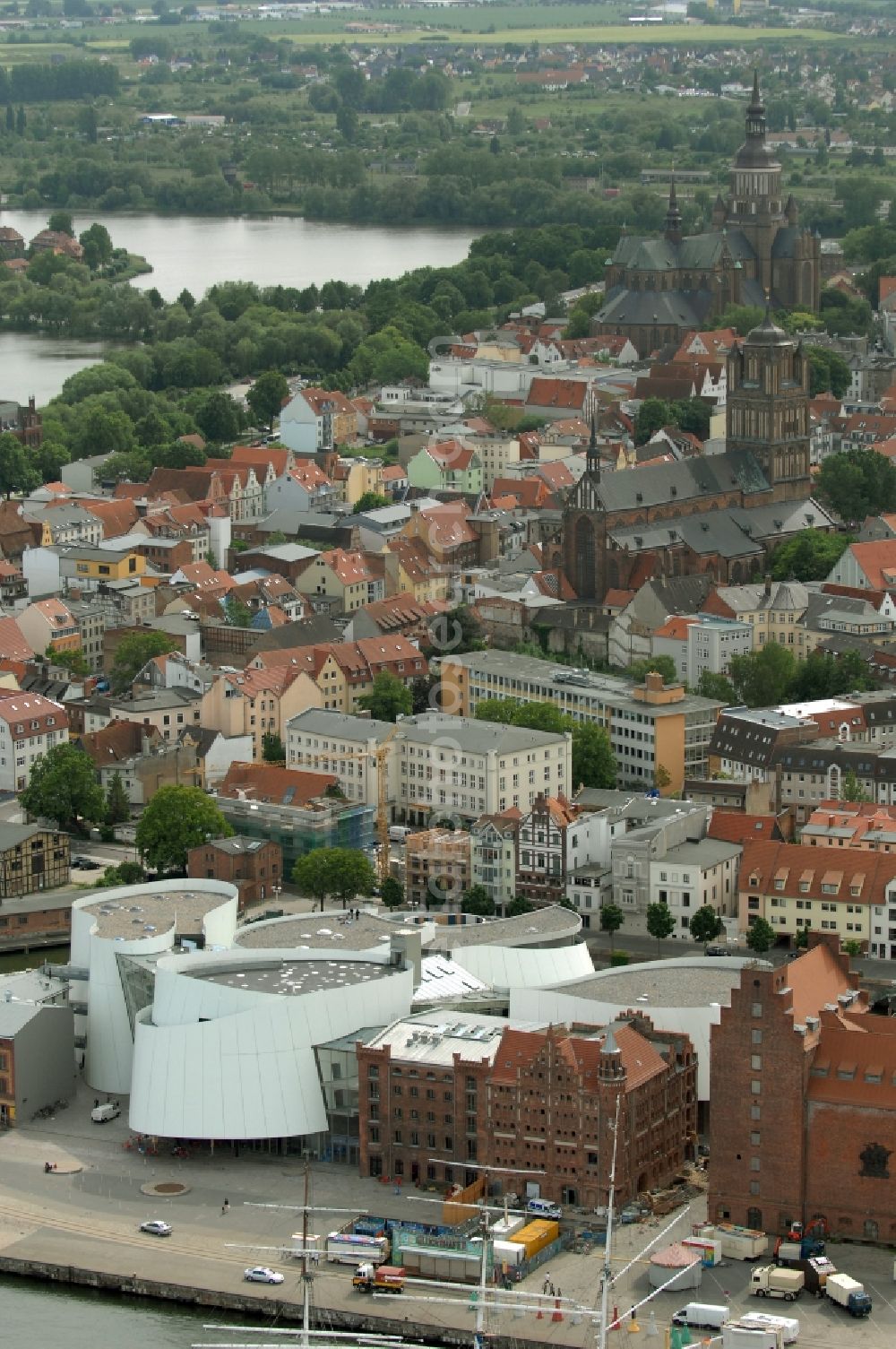 Stralsund from above - Harbor island by Ozeaneum Oceanographic Museum in Stralsund in Mecklenburg - Western Pomerania