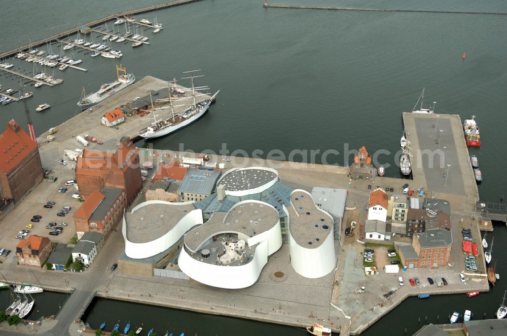 Stralsund from above - Harbor island by Ozeaneum Oceanographic Museum in Stralsund in Mecklenburg - Western Pomerania