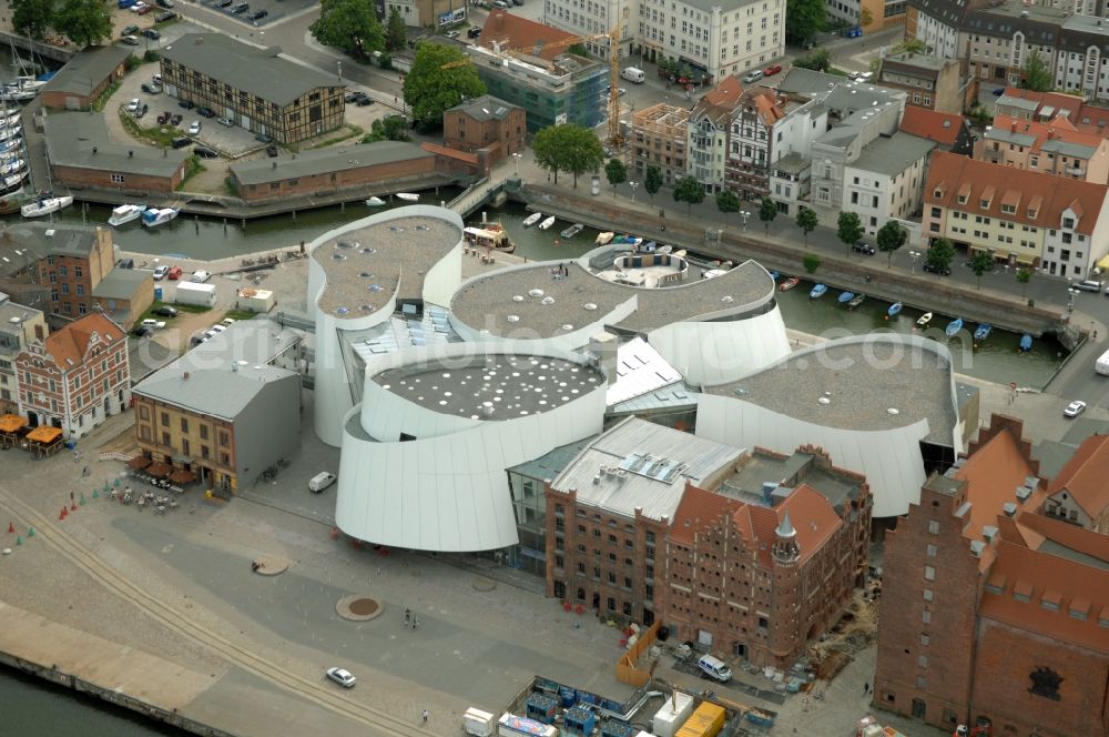 Stralsund from above - Harbor island by Ozeaneum Oceanographic Museum in Stralsund in Mecklenburg - Western Pomerania