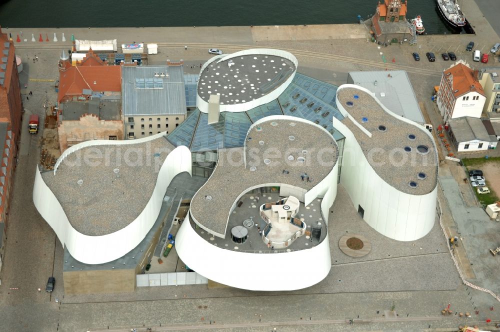 Stralsund from above - Harbor island by Ozeaneum Oceanographic Museum in Stralsund in Mecklenburg - Western Pomerania