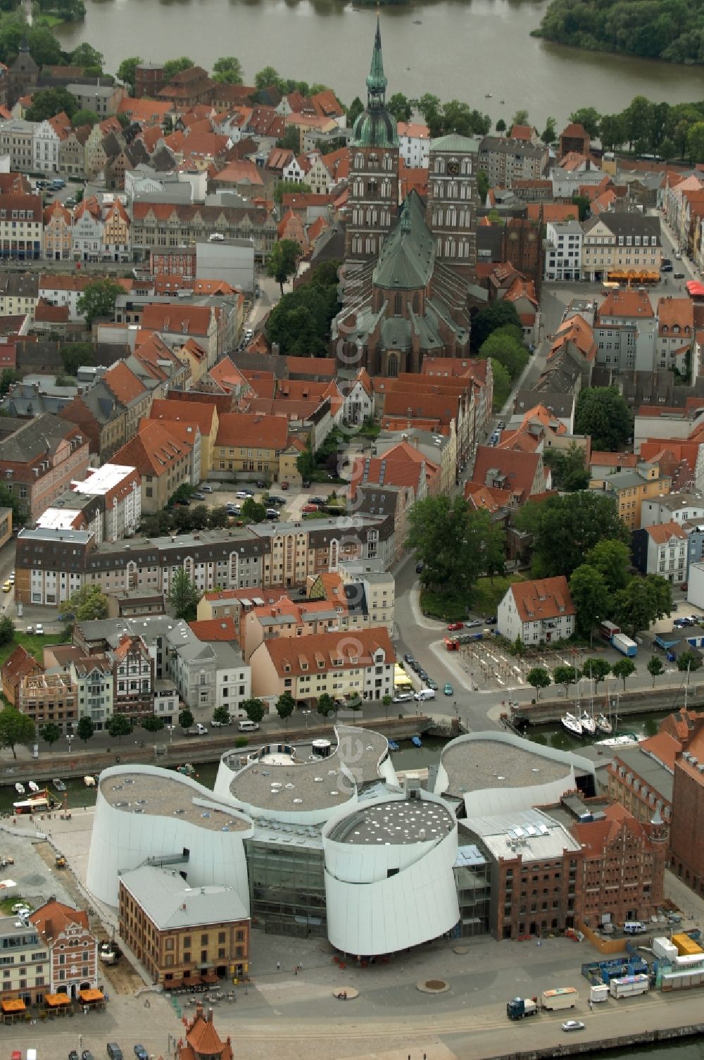 Stralsund from above - Harbor island by Ozeaneum Oceanographic Museum in Stralsund in Mecklenburg - Western Pomerania