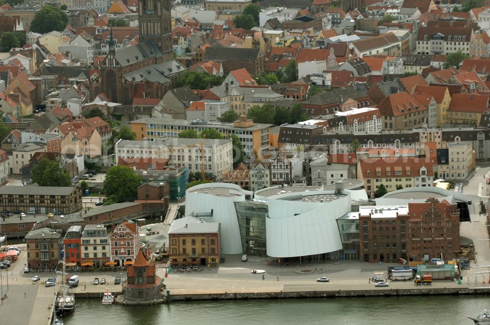 Stralsund from above - Harbor island by Ozeaneum Oceanographic Museum in Stralsund in Mecklenburg - Western Pomerania