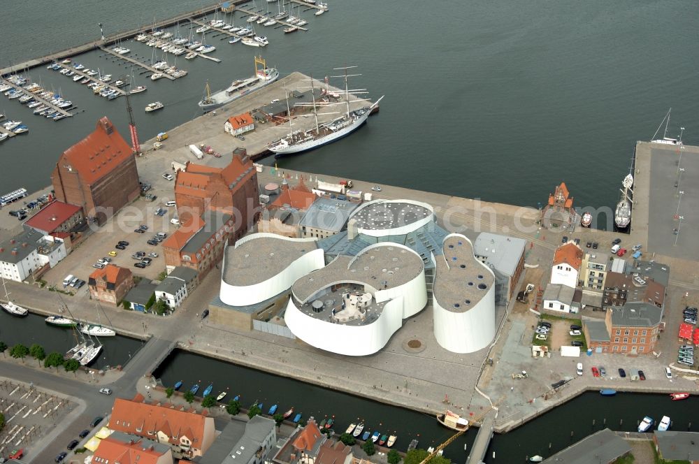 Stralsund from above - Harbor island by Ozeaneum Oceanographic Museum in Stralsund in Mecklenburg - Western Pomerania