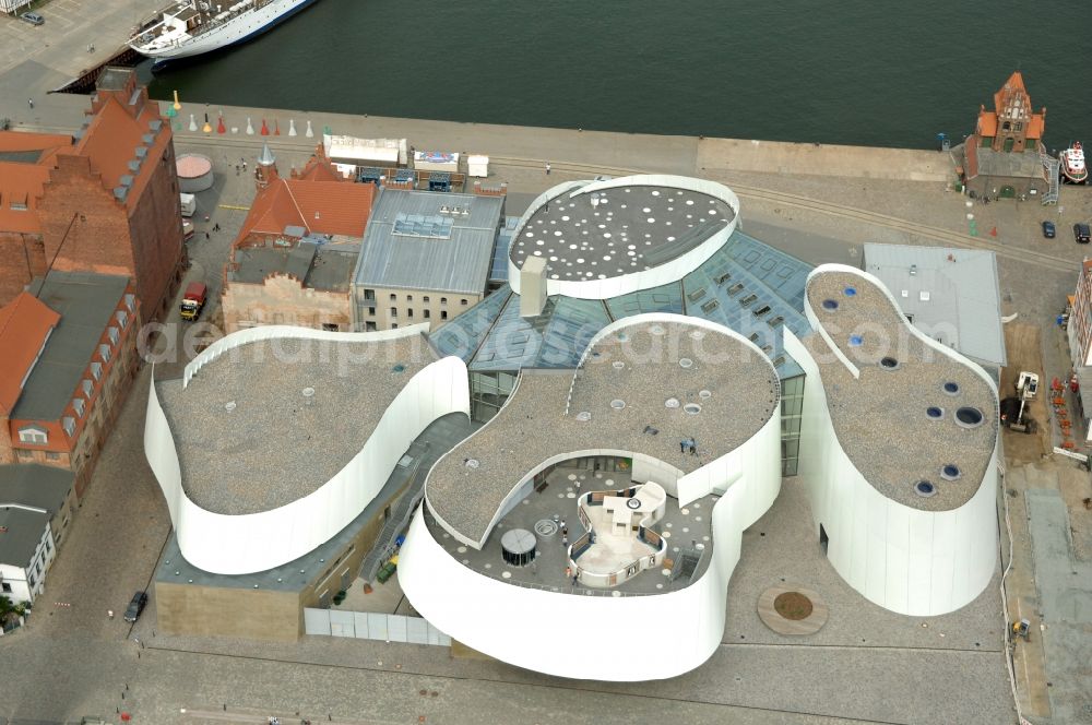 Stralsund from above - Harbor island by Ozeaneum Oceanographic Museum in Stralsund in Mecklenburg - Western Pomerania