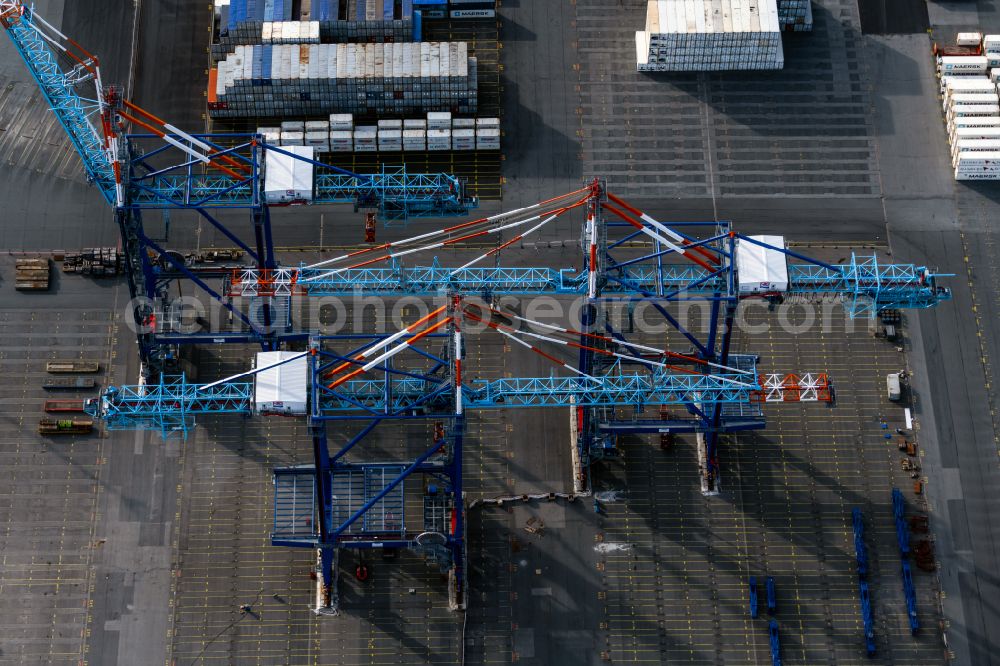 Bremerhaven from the bird's eye view: Port cranes in the Ueberseehafen in the district Stadtbremisches Ueberseehafengebiet Bremerhaven in Bremerhaven in the state Bremen, Germany