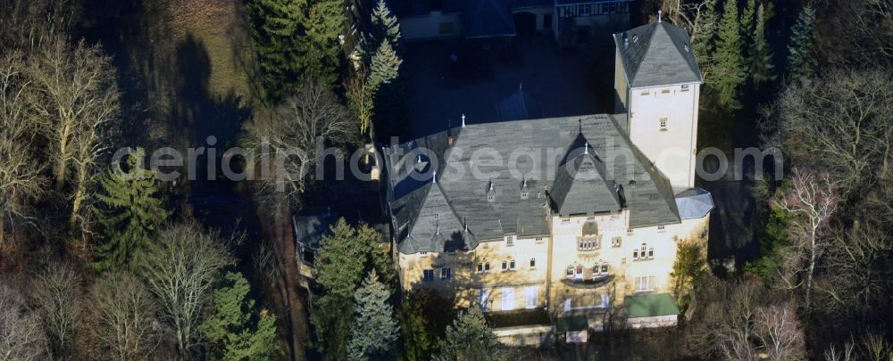 Aerial image Kleinmachnow - View Hakeburg Kleinmachnow in Brandenburg. The Hakeburg is a large castle-like villa. The castle built in the mid 14th century on the ruins of a fortress Ascanians as custom house and has a checkered history. Today the area is used as a conference and events center