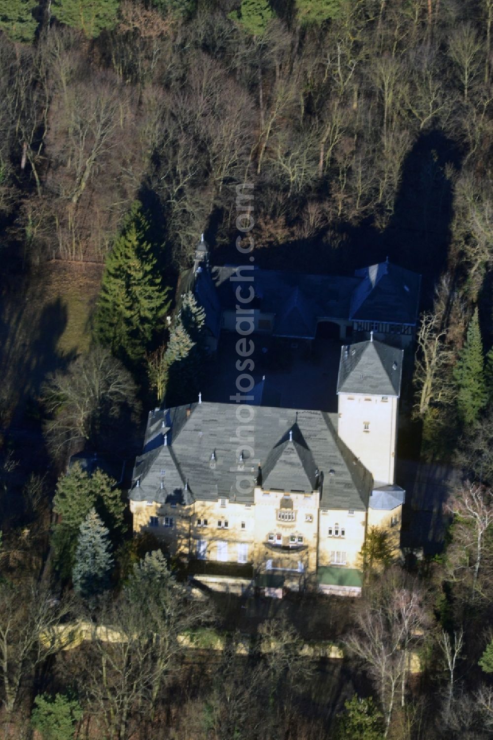 Kleinmachnow from above - View Hakeburg Kleinmachnow in Brandenburg. The Hakeburg is a large castle-like villa. The castle built in the mid 14th century on the ruins of a fortress Ascanians as custom house and has a checkered history. Today the area is used as a conference and events center