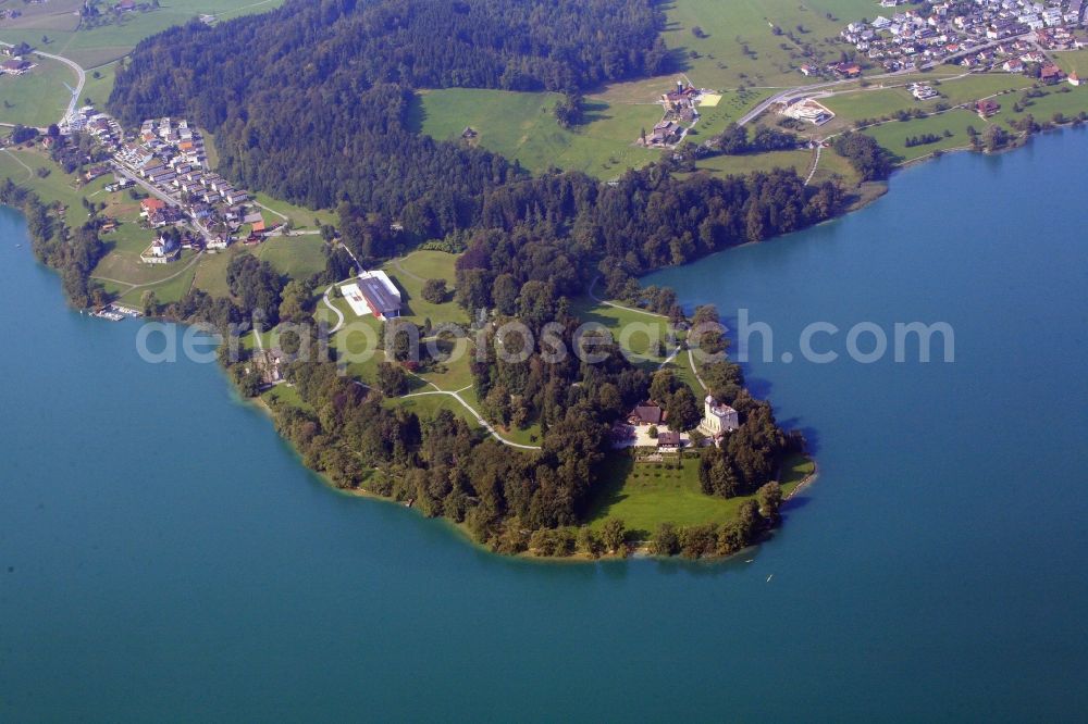 Aerial photograph Buonas - Idyllic situated in the Lake Zug is the Buonas peninsula in Risch in Switzerland. Castle Buonas and Forum Buonas, the training center and conference center of the pharmaceutical company Rocheare located in an expansive parkland