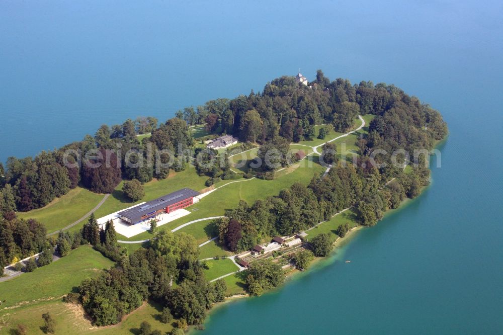 Aerial image Buonas - Idyllic situated in the Lake Zug is the Buonas peninsula in Risch in Switzerland. Castle Buonas and Forum Buonas, the training center and conference center of the pharmaceutical company Rocheare located in an expansive parkland