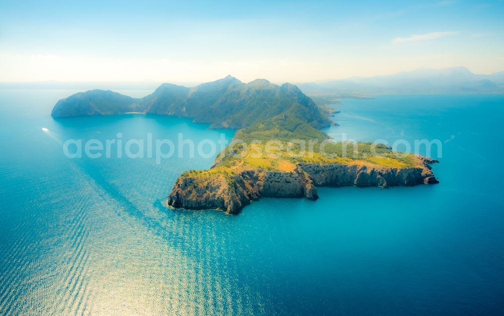 Aerial image Alcudia - Peninsula with land access and shore area on the Cap de Pinar in Alcudia in Balearic islands, Spain