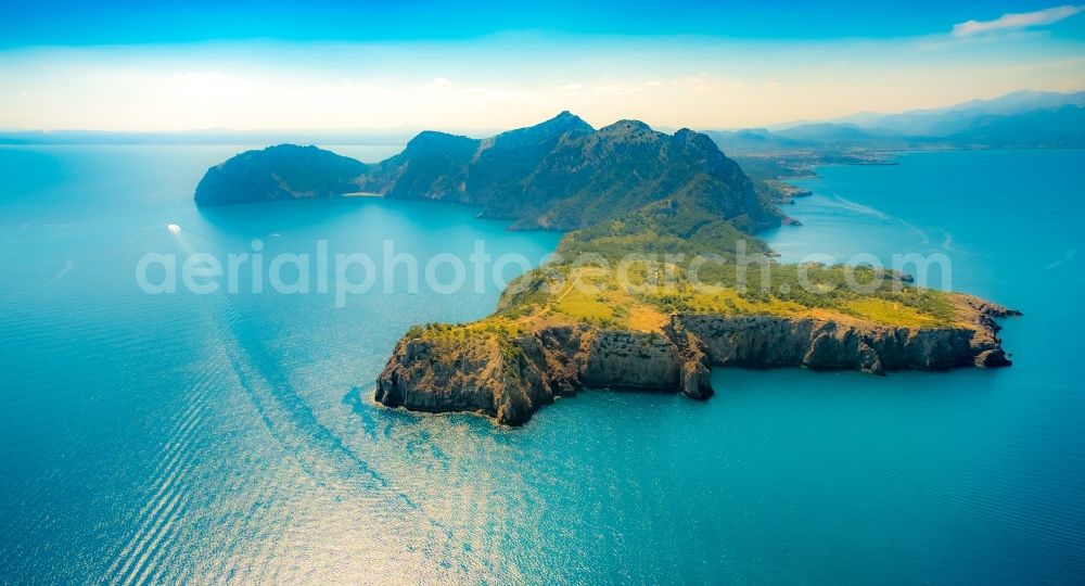 Aerial photograph Alcudia - Peninsula with land access and shore area on the Cap de Pinar in Alcudia in Balearic islands, Spain