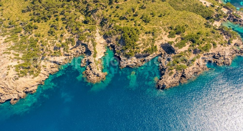 Alcudia from the bird's eye view: Peninsula with land access and shore area on the Cap de Pinar in Alcudia in Balearic islands, Spain