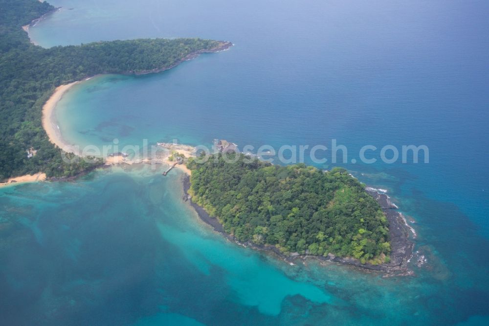 Aerial photograph Sundi - Peninsula with land access and shore area on the Gulf of Guinea in the South Atlantic in Sundi in Principe, Sao Tome and Principe